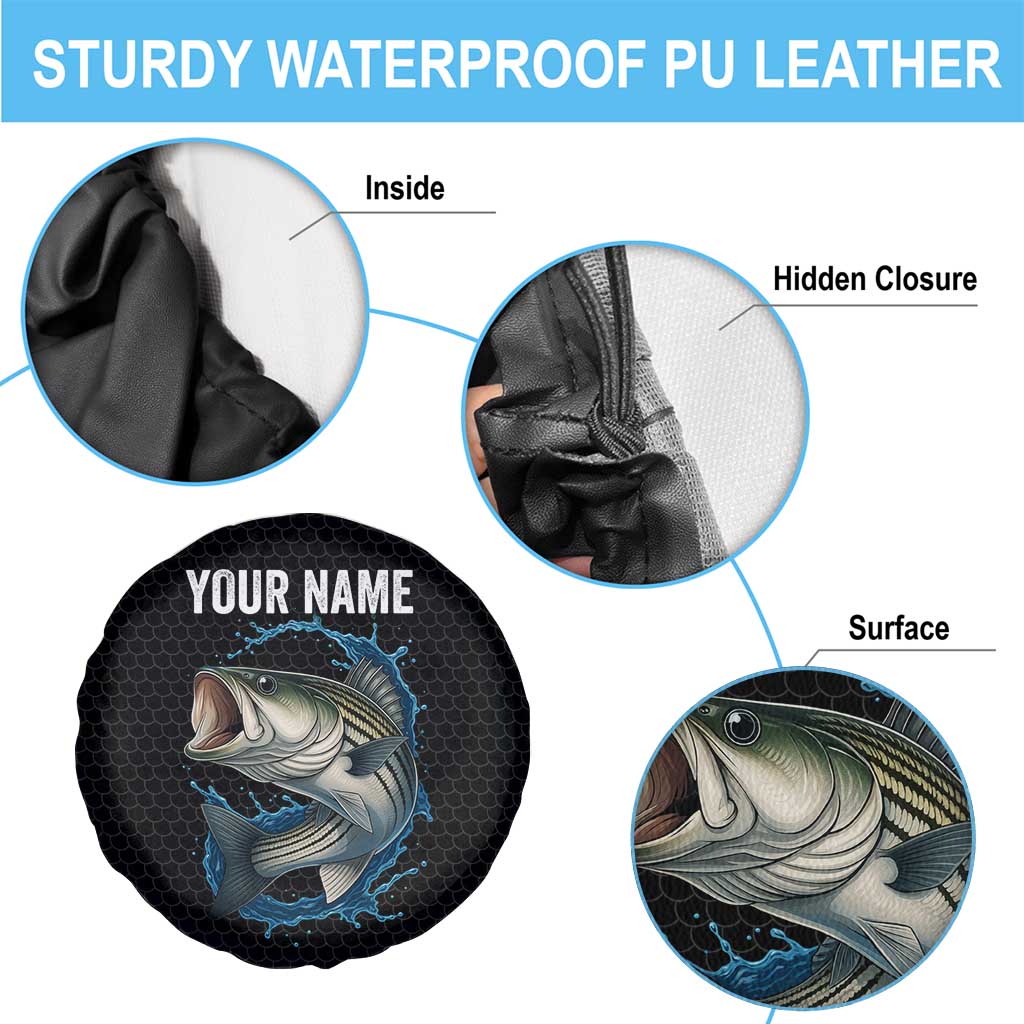 Striped Bass Jumping Spare Tire Cover Blue Splash Graphic and Custom Name Design TS04