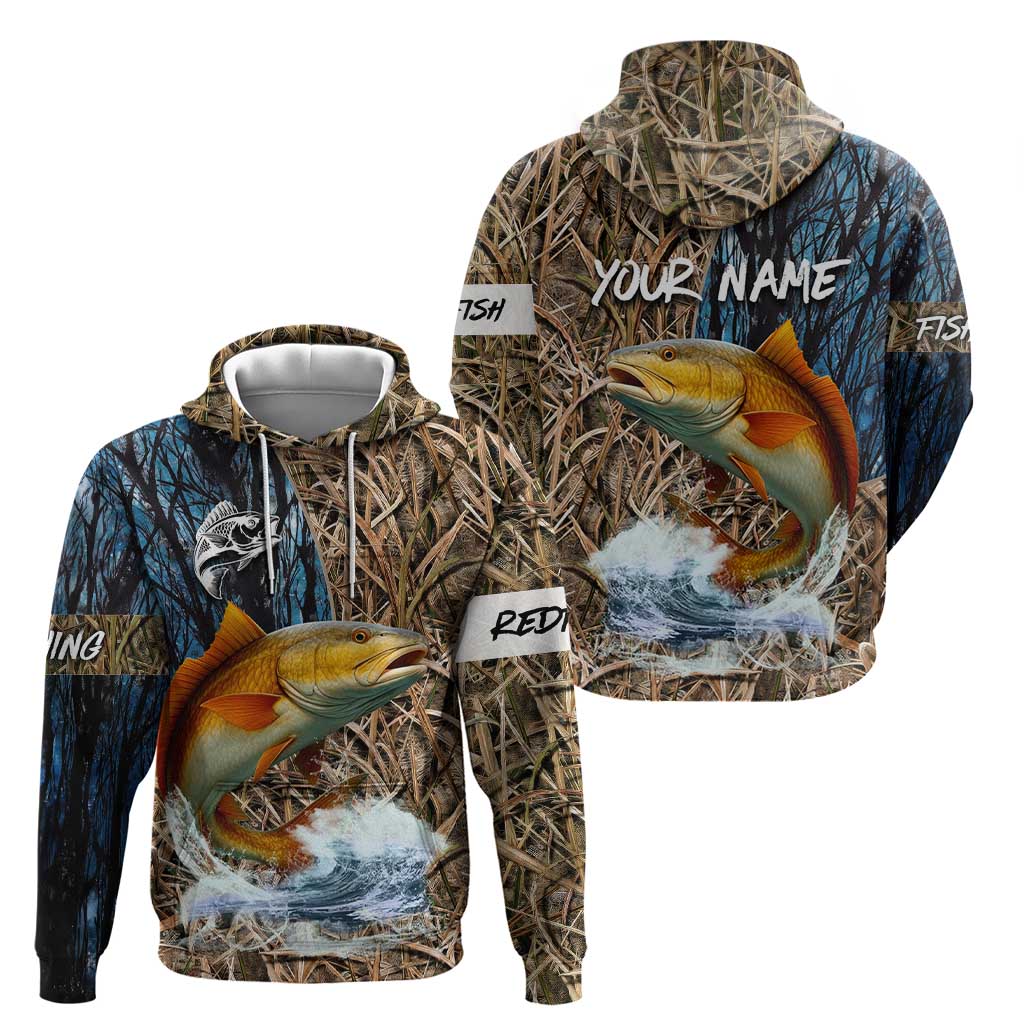 Redfish Splashing in Marsh Grass Hoodie Custom Name and Nature Background Design TS04
