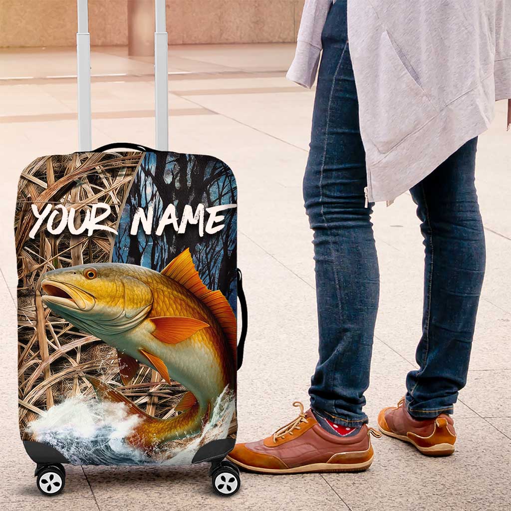 Redfish Splashing in Marsh Grass Luggage Cover Custom Name and Nature Background Design TS04