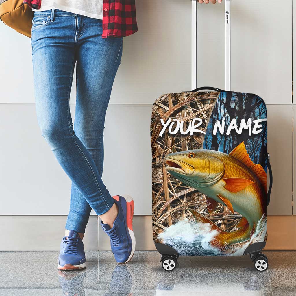 Redfish Splashing in Marsh Grass Luggage Cover Custom Name and Nature Background Design TS04