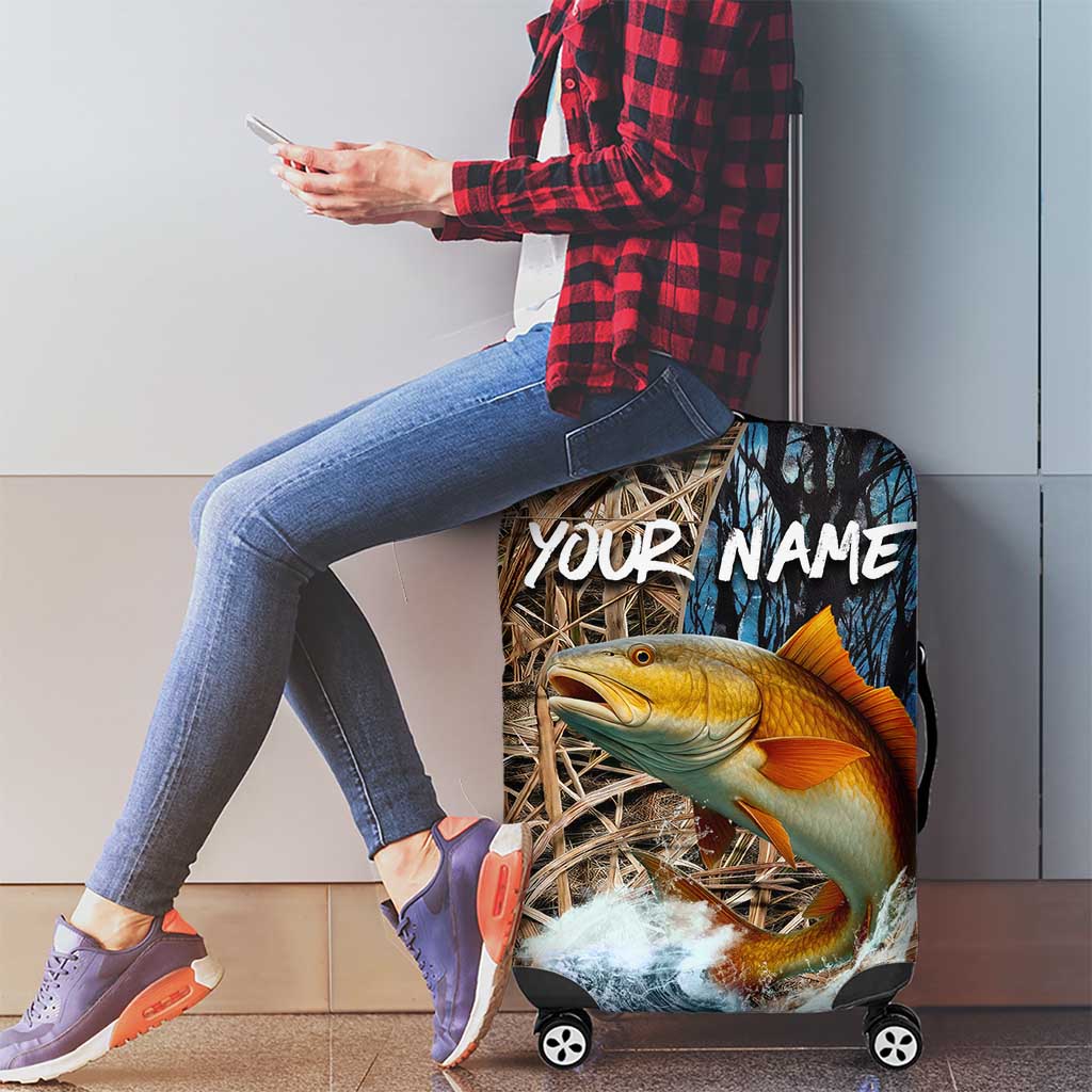 Redfish Splashing in Marsh Grass Luggage Cover Custom Name and Nature Background Design TS04