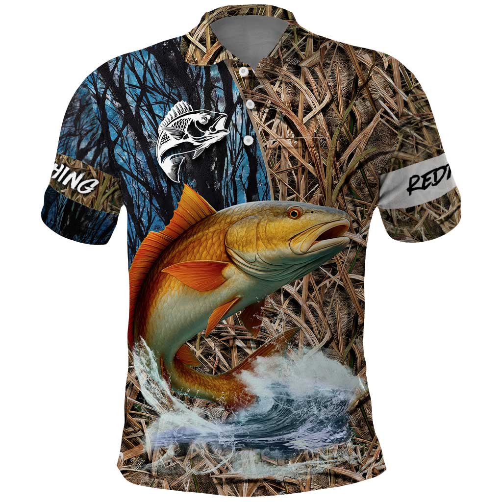 Redfish Splashing in Marsh Grass Polo Shirt Custom Name and Nature Background Design TS04