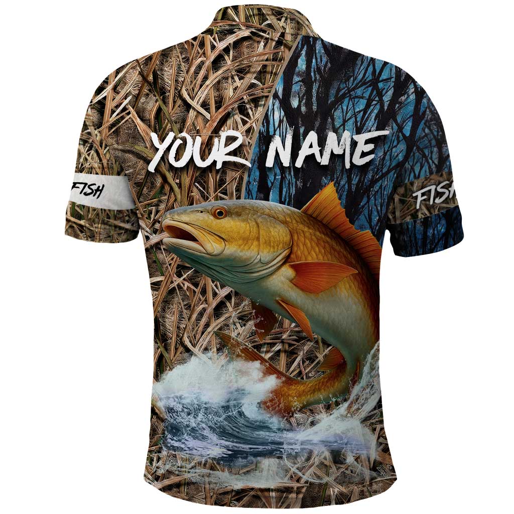 Redfish Splashing in Marsh Grass Polo Shirt Custom Name and Nature Background Design TS04