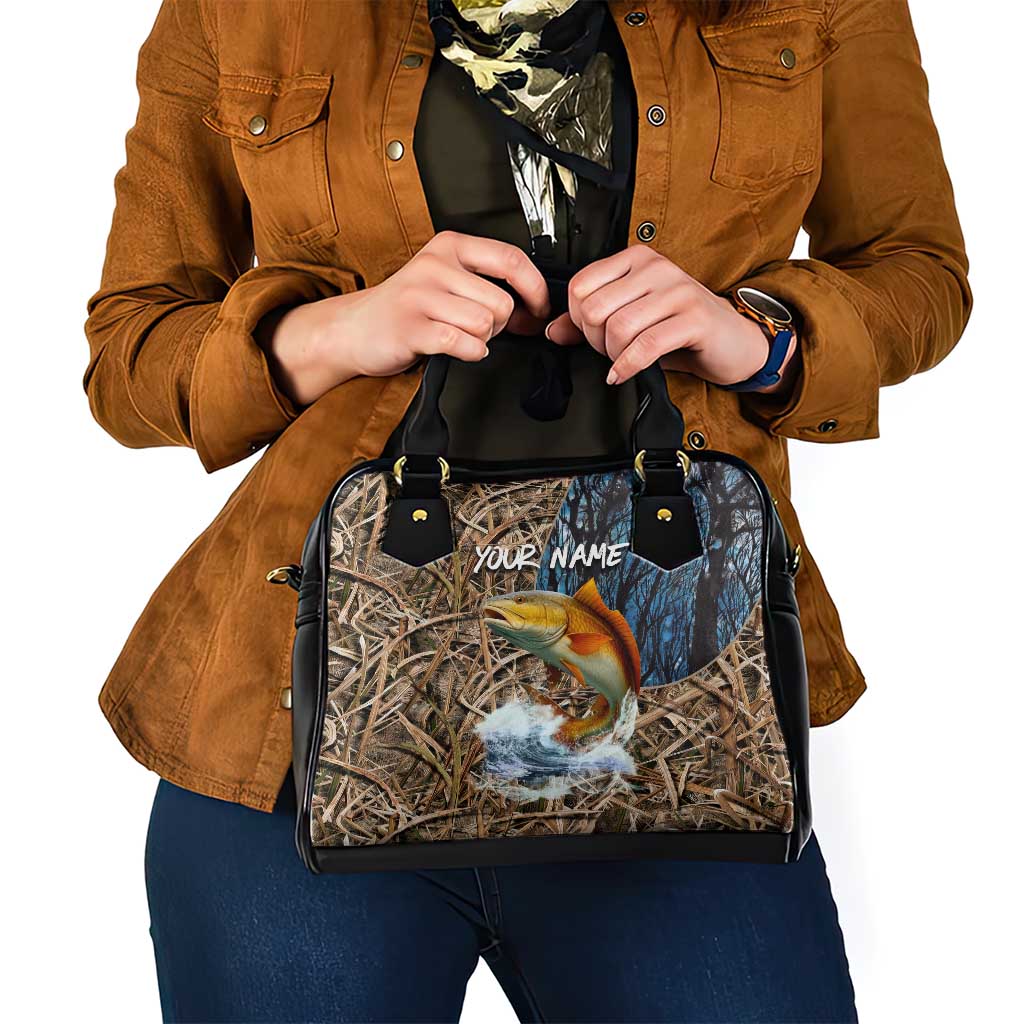 Redfish Splashing in Marsh Grass Shoulder Handbag Custom Name and Nature Background Design TS04