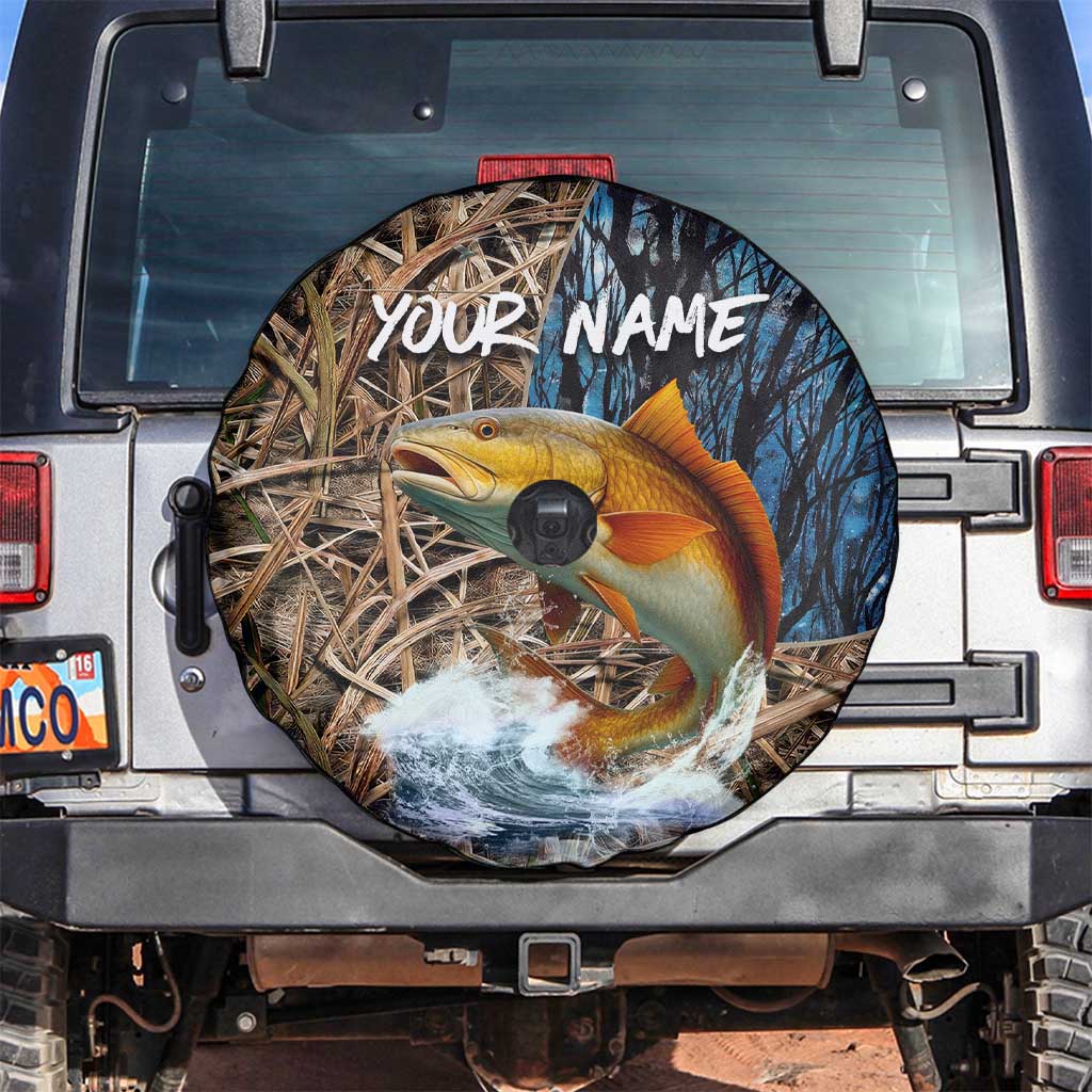 Redfish Splashing in Marsh Grass Spare Tire Cover Custom Name and Nature Background Design TS04