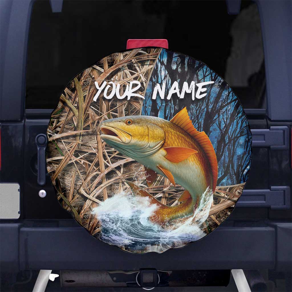 Redfish Splashing in Marsh Grass Spare Tire Cover Custom Name and Nature Background Design TS04