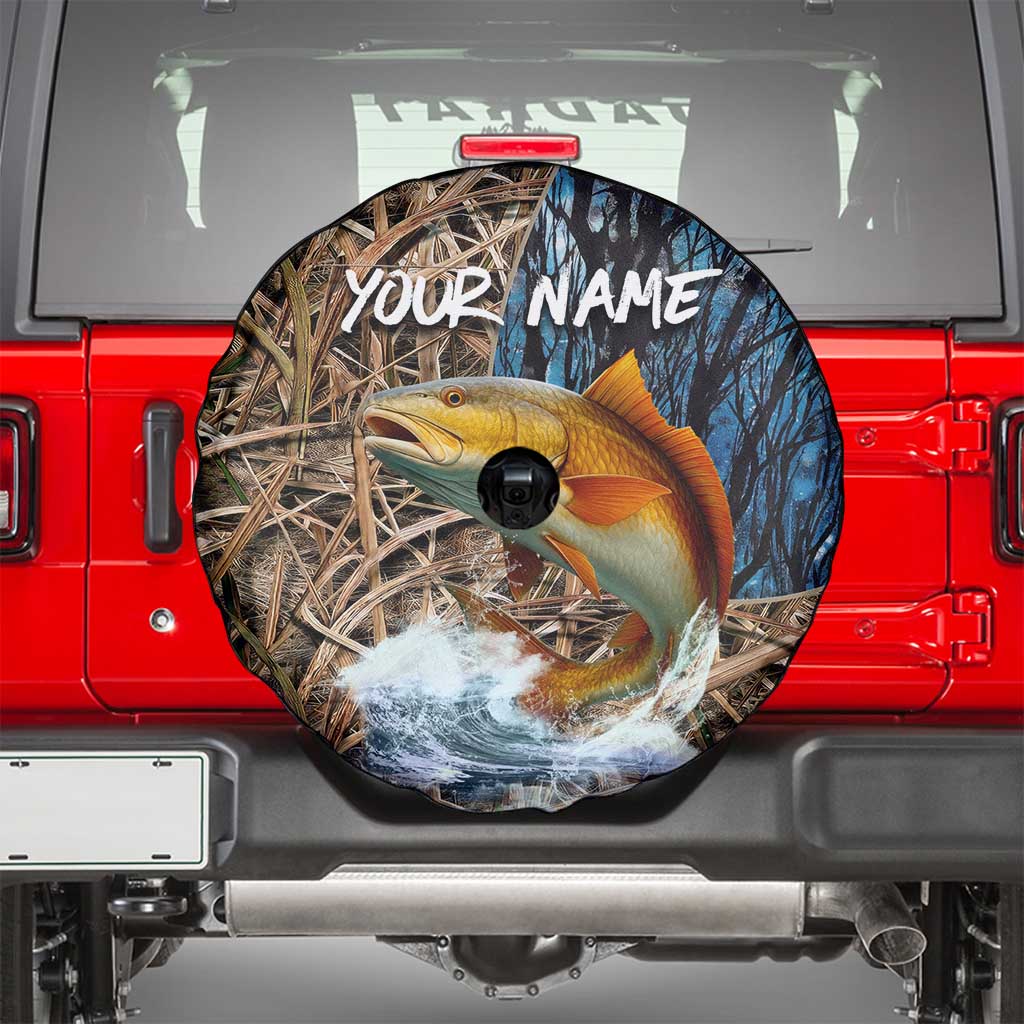 Redfish Splashing in Marsh Grass Spare Tire Cover Custom Name and Nature Background Design TS04