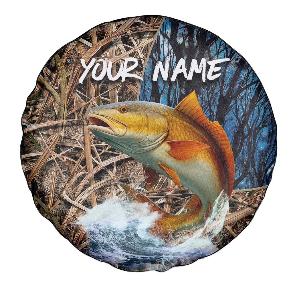 Redfish Splashing in Marsh Grass Spare Tire Cover Custom Name and Nature Background Design TS04