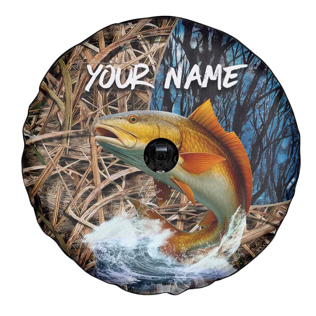 Redfish Splashing in Marsh Grass Spare Tire Cover Custom Name and Nature Background Design TS04