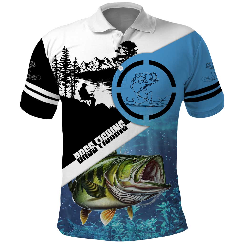 Largemouth Bass Fishing Underwater Graphic Polo Shirt Mountain Silhouette and Custom Name Design TS04