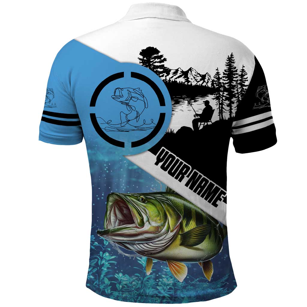 Largemouth Bass Fishing Underwater Graphic Polo Shirt Mountain Silhouette and Custom Name Design TS04