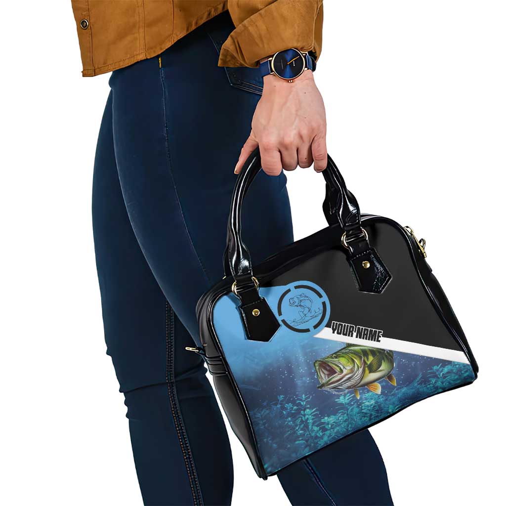 Largemouth Bass Fishing Underwater Graphic Shoulder Handbag Mountain Silhouette and Custom Name Design TS04