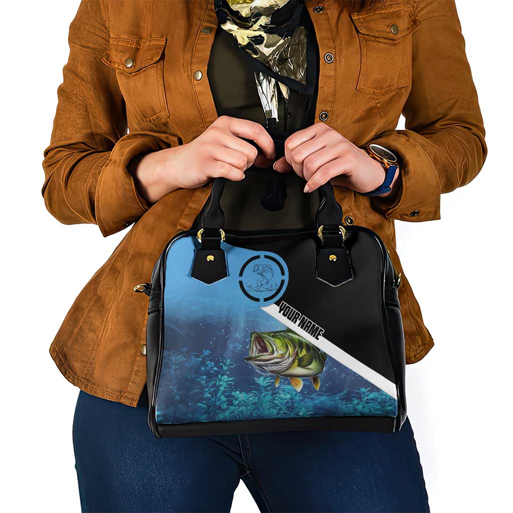 Largemouth Bass Fishing Underwater Graphic Shoulder Handbag Mountain Silhouette and Custom Name Design TS04