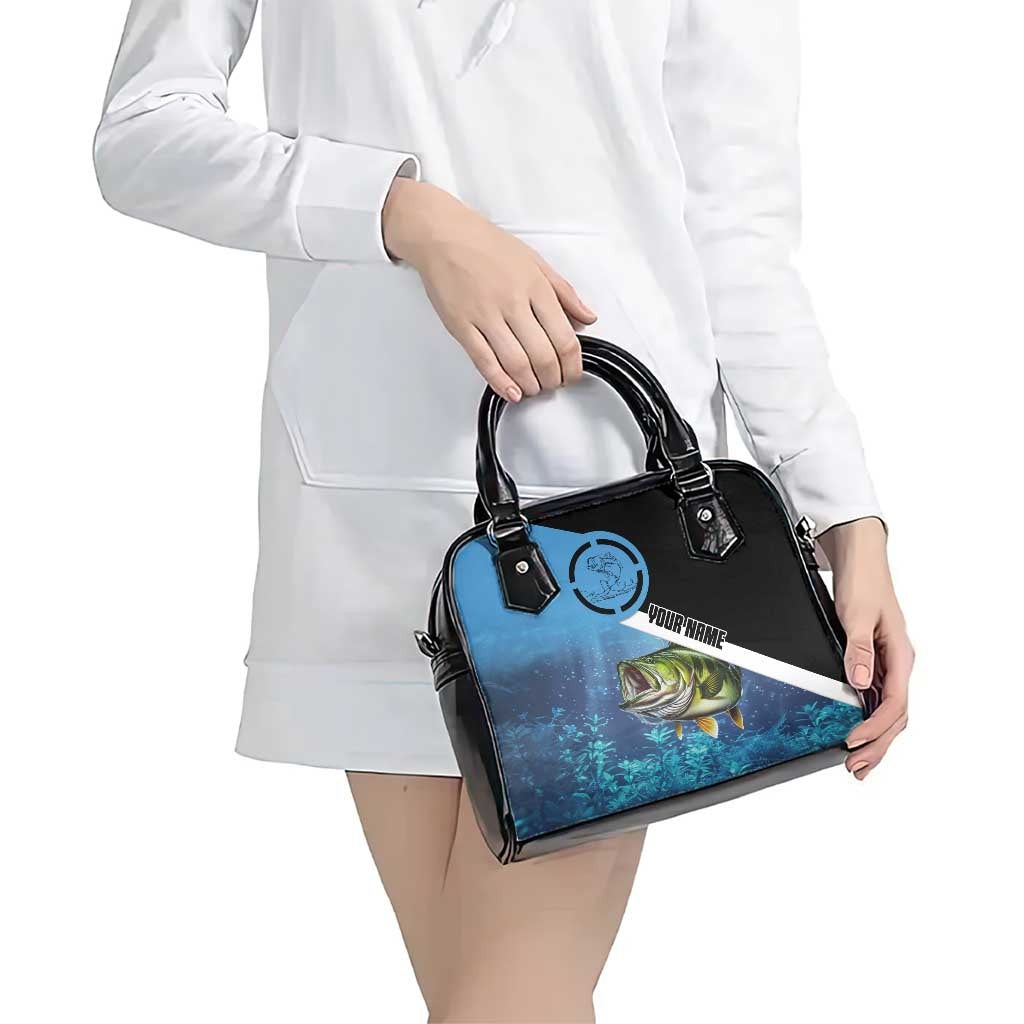 Largemouth Bass Fishing Underwater Graphic Shoulder Handbag Mountain Silhouette and Custom Name Design TS04