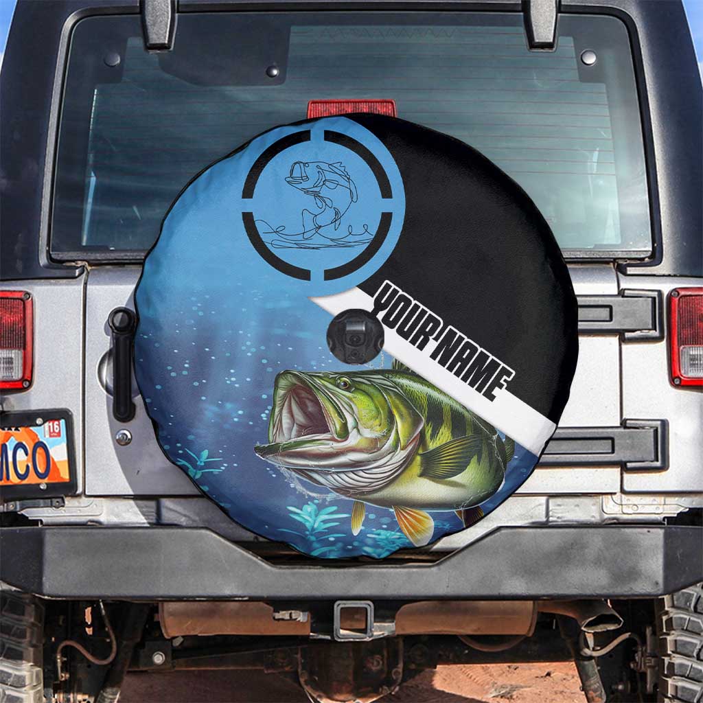 Largemouth Bass Fishing Underwater Graphic Spare Tire Cover Mountain Silhouette and Custom Name Design TS04