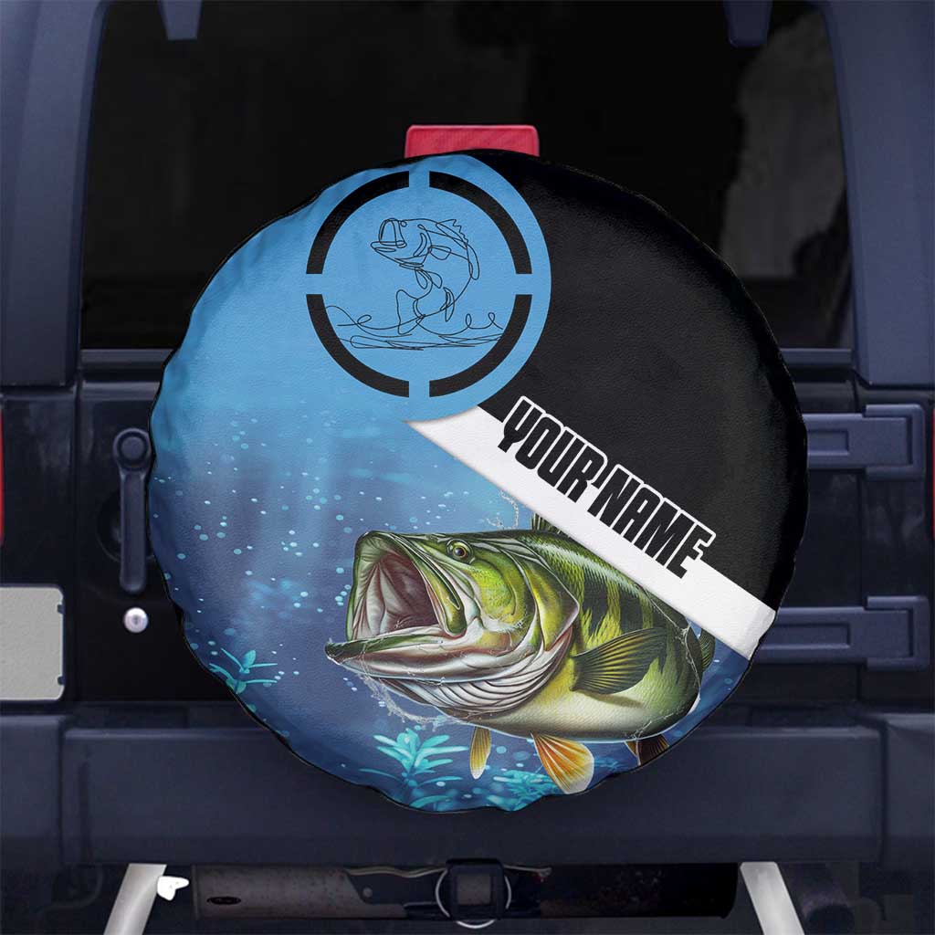 Largemouth Bass Fishing Underwater Graphic Spare Tire Cover Mountain Silhouette and Custom Name Design TS04