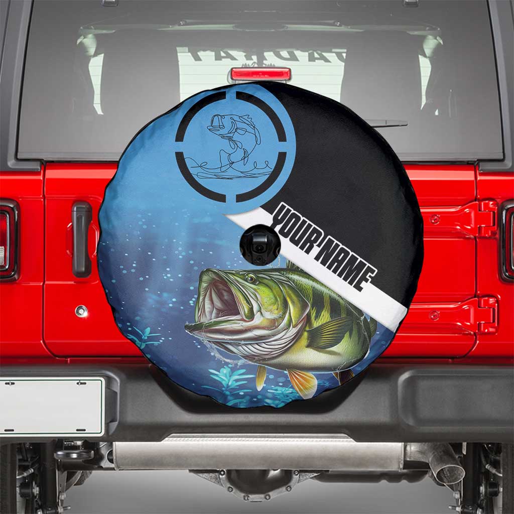 Largemouth Bass Fishing Underwater Graphic Spare Tire Cover Mountain Silhouette and Custom Name Design TS04