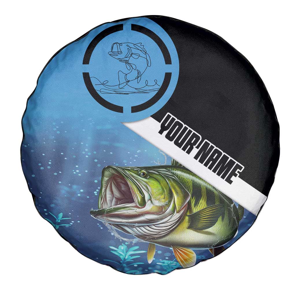 Largemouth Bass Fishing Underwater Graphic Spare Tire Cover Mountain Silhouette and Custom Name Design TS04