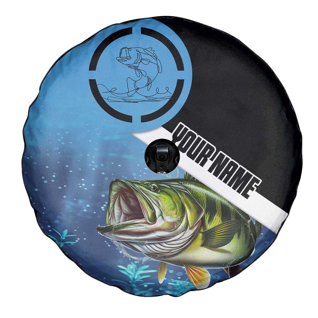 Largemouth Bass Fishing Underwater Graphic Spare Tire Cover Mountain Silhouette and Custom Name Design TS04