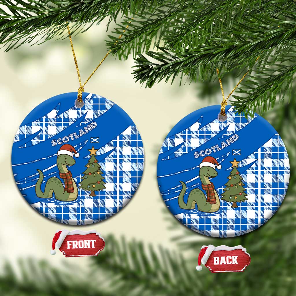Scotland Christmas Ceramic Ornament with Nessie Santa Hat and Blue Tartan Tree TS04