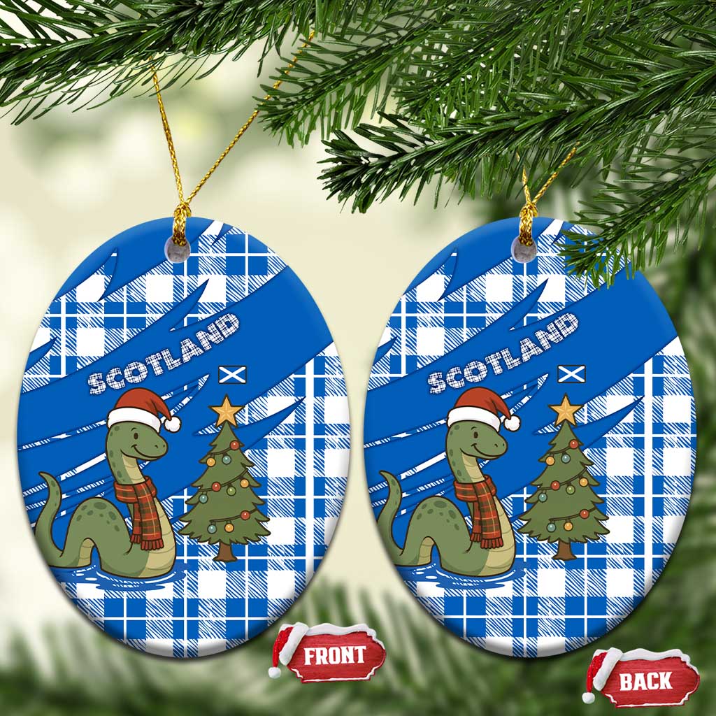 Scotland Christmas Ceramic Ornament with Nessie Santa Hat and Blue Tartan Tree TS04