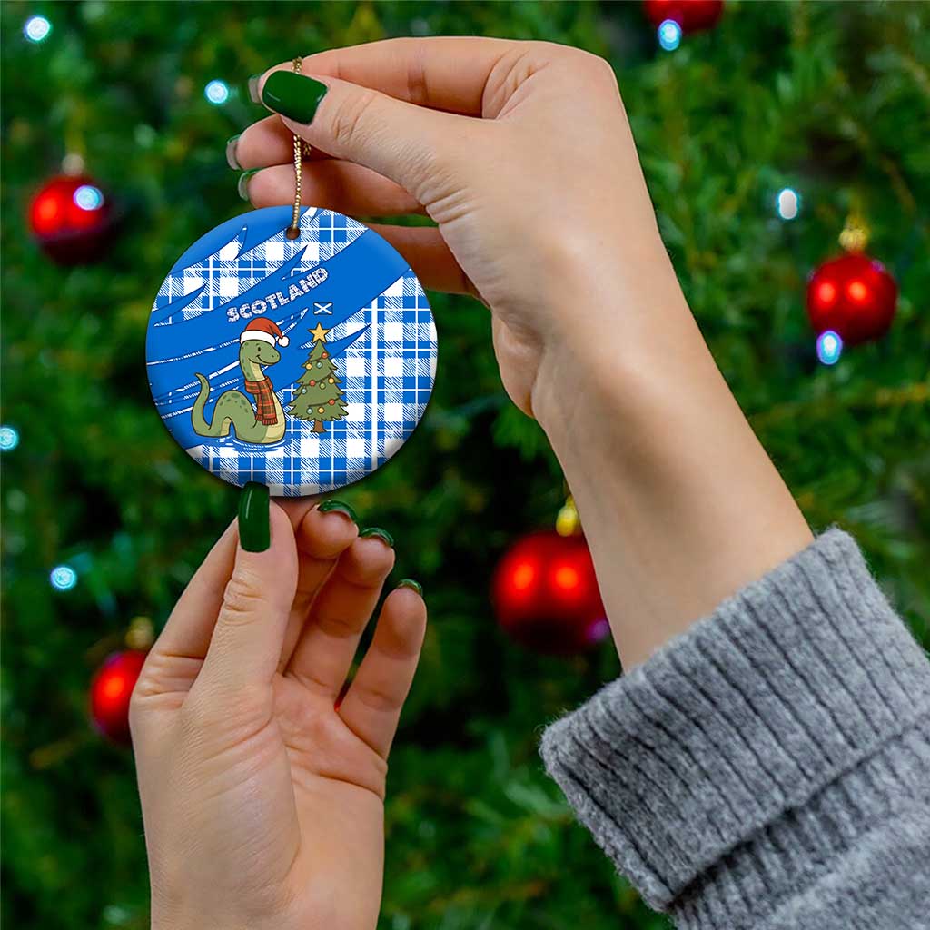 Scotland Christmas Ceramic Ornament with Nessie Santa Hat and Blue Tartan Tree TS04