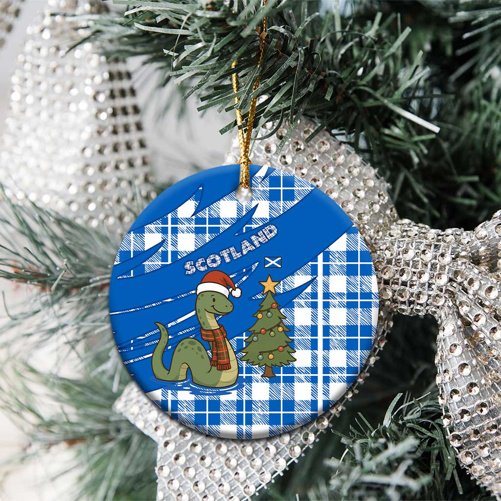 Scotland Christmas Ceramic Ornament with Nessie Santa Hat and Blue Tartan Tree TS04