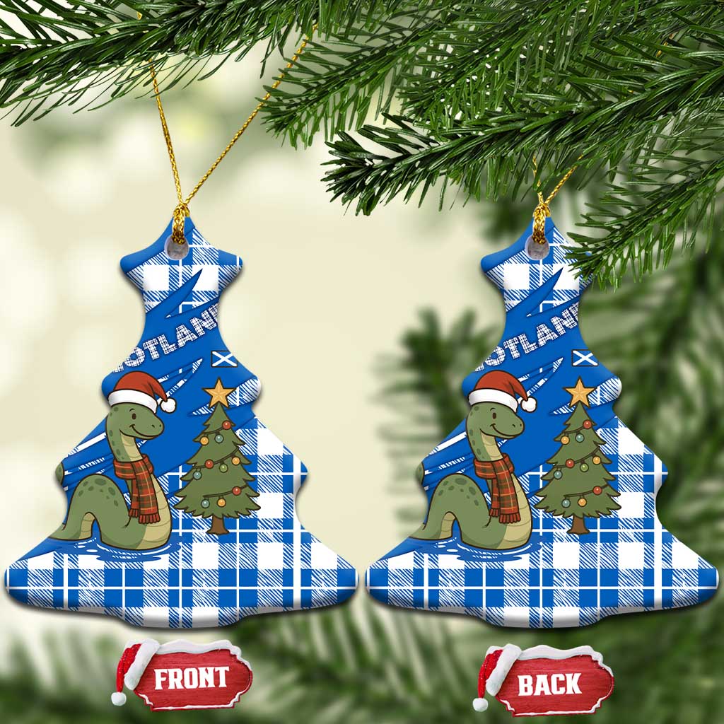 Scotland Christmas Ceramic Ornament with Nessie Santa Hat and Blue Tartan Tree TS04