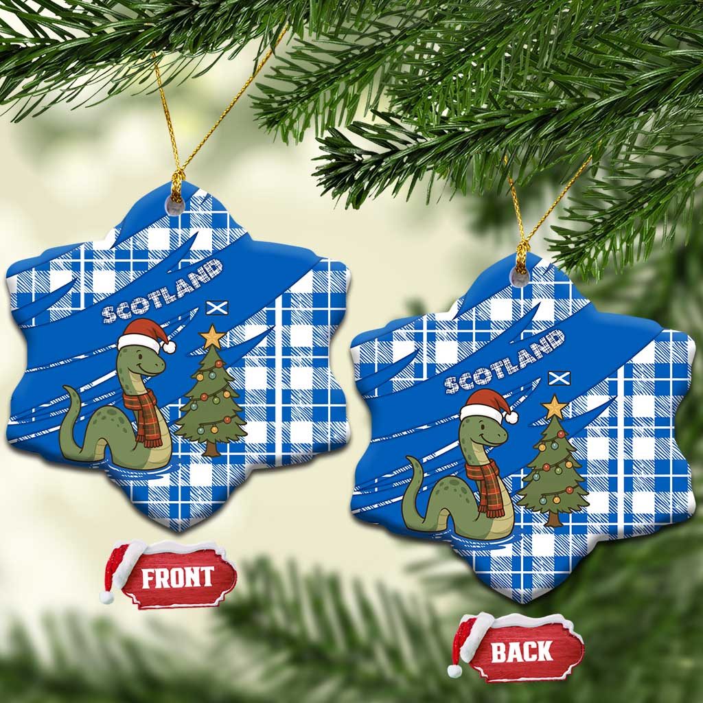 Scotland Christmas Ceramic Ornament with Nessie Santa Hat and Blue Tartan Tree TS04