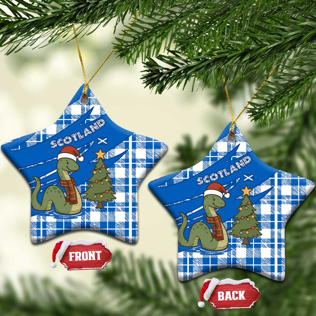 Scotland Christmas Ceramic Ornament with Nessie Santa Hat and Blue Tartan Tree TS04