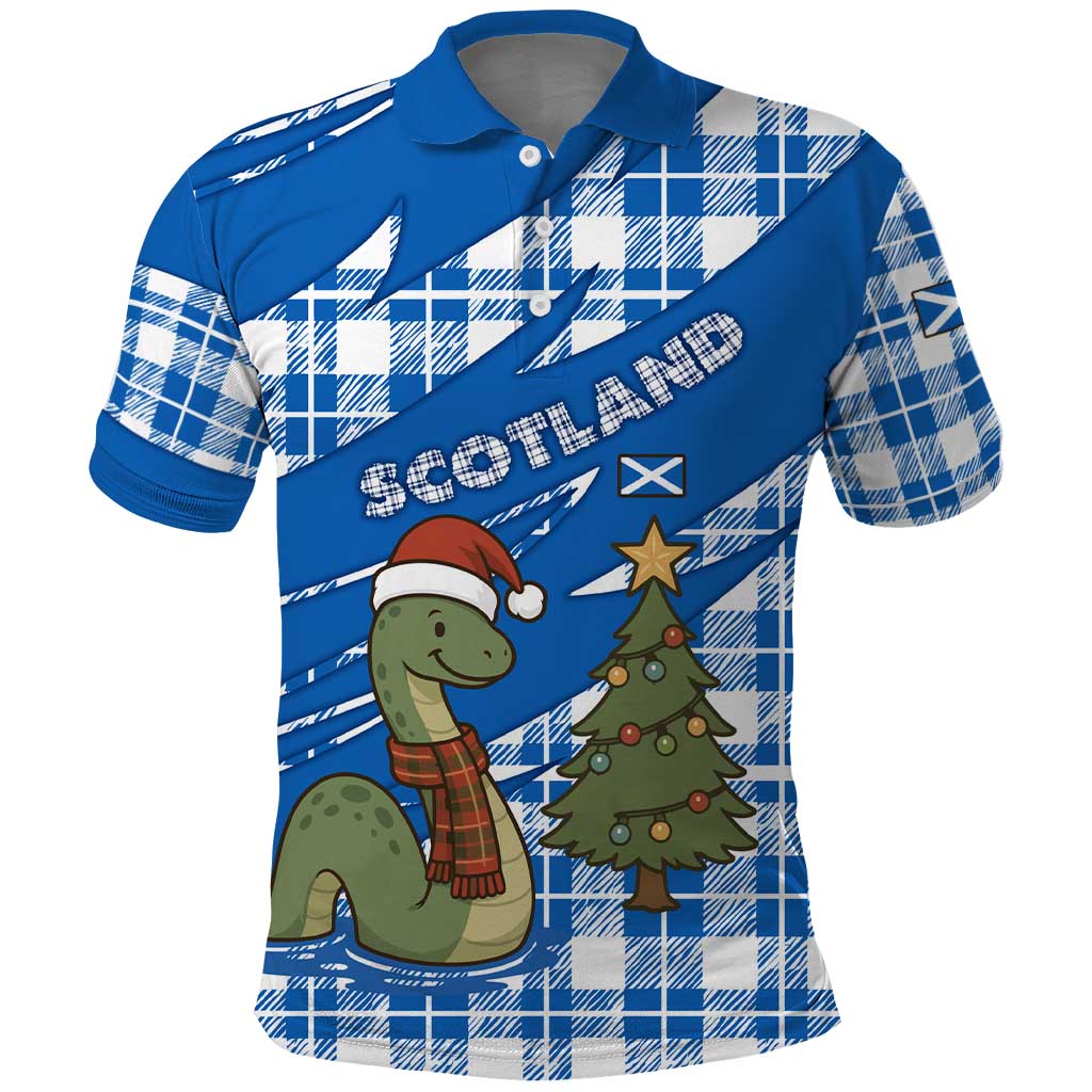 Scotland Christmas Polo Shirt with Nessie Santa Hat and Blue Tartan Tree TS04
