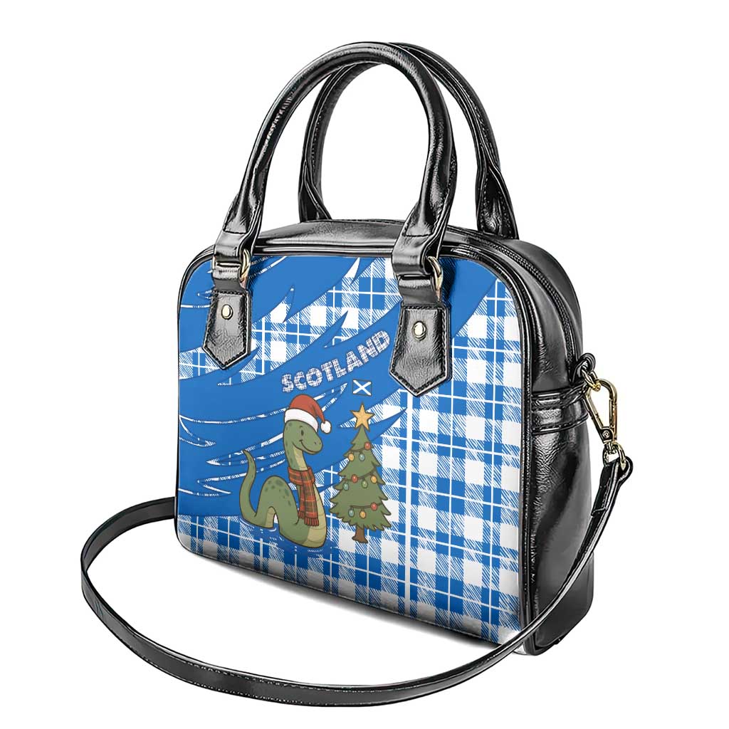 Scotland Christmas Shoulder Handbag with Nessie Santa Hat and Blue Tartan Tree TS04