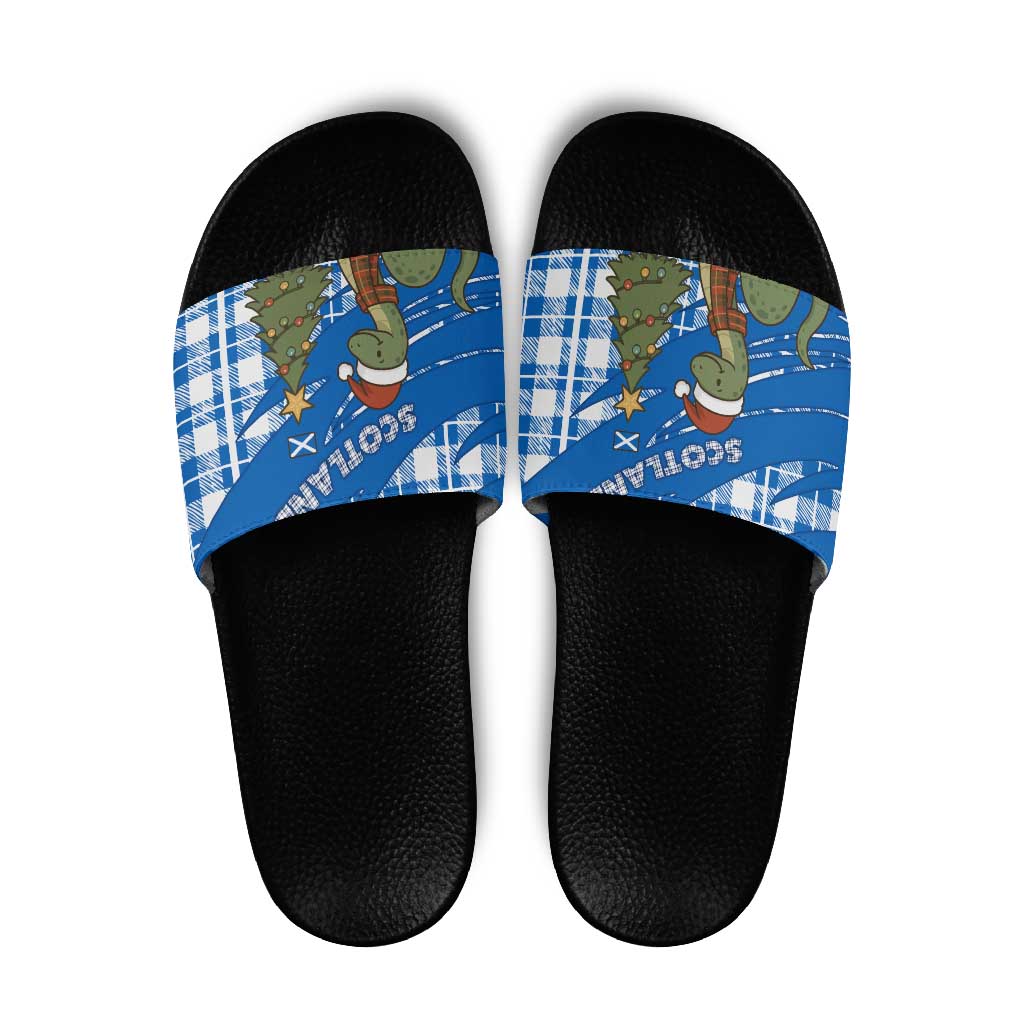 Scotland Christmas Slide Sandals with Nessie Santa Hat and Blue Tartan Tree TS04