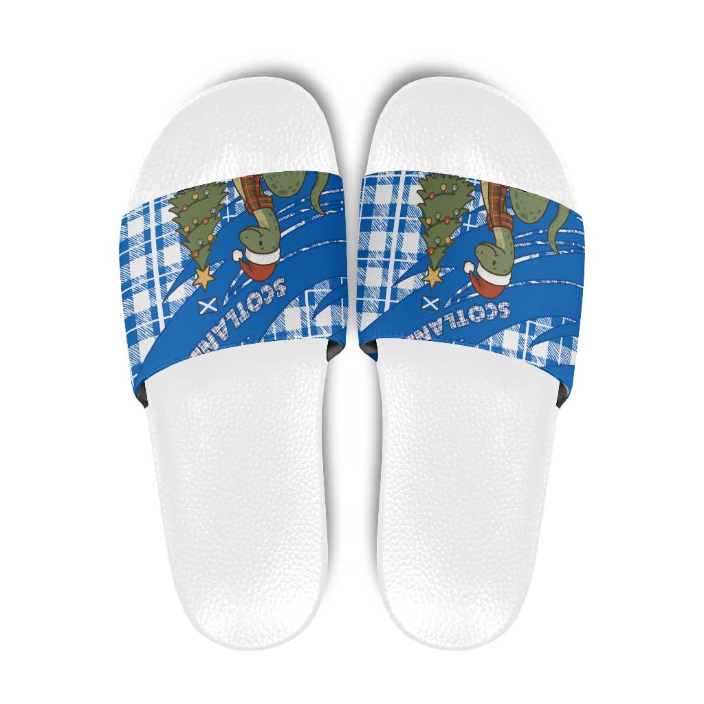 Scotland Christmas Slide Sandals with Nessie Santa Hat and Blue Tartan Tree TS04