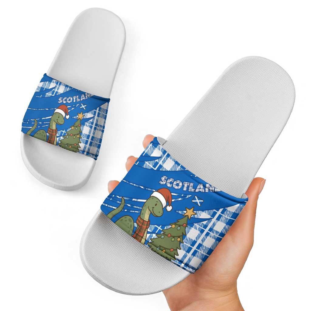 Scotland Christmas Slide Sandals with Nessie Santa Hat and Blue Tartan Tree TS04