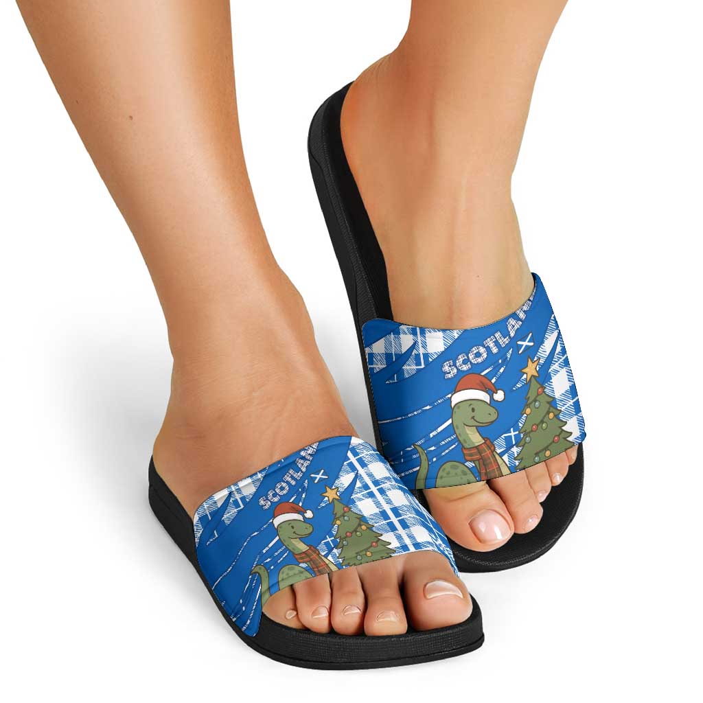 Scotland Christmas Slide Sandals with Nessie Santa Hat and Blue Tartan Tree TS04