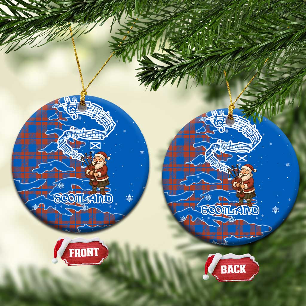 Scotland Christmas Ceramic Ornament with Santa Playing Bagpipes and Blue Red Tartan Music Notes TS04