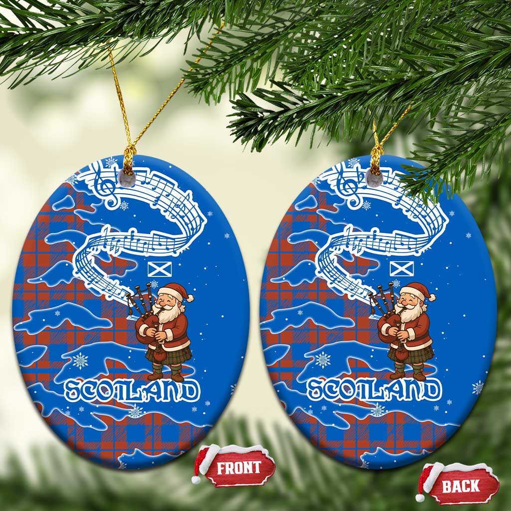 Scotland Christmas Ceramic Ornament with Santa Playing Bagpipes and Blue Red Tartan Music Notes TS04
