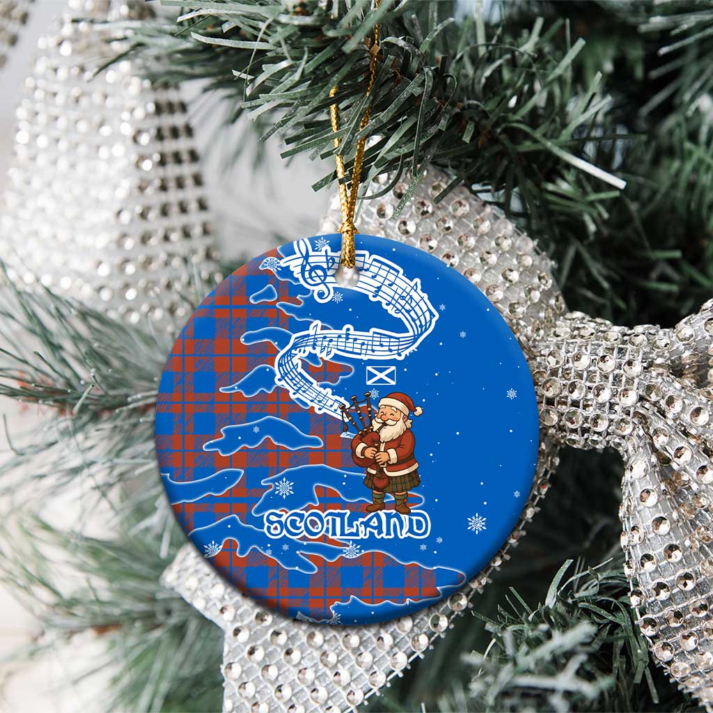 Scotland Christmas Ceramic Ornament with Santa Playing Bagpipes and Blue Red Tartan Music Notes TS04