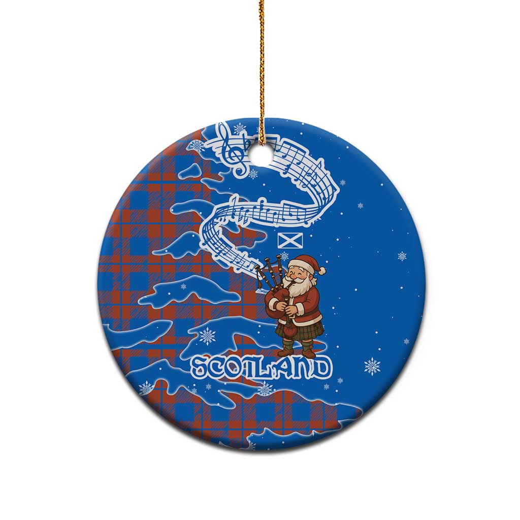 Scotland Christmas Ceramic Ornament with Santa Playing Bagpipes and Blue Red Tartan Music Notes TS04