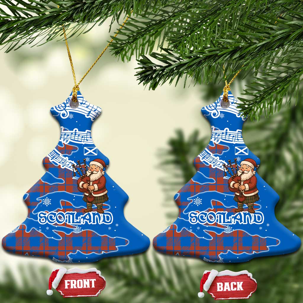 Scotland Christmas Ceramic Ornament with Santa Playing Bagpipes and Blue Red Tartan Music Notes TS04