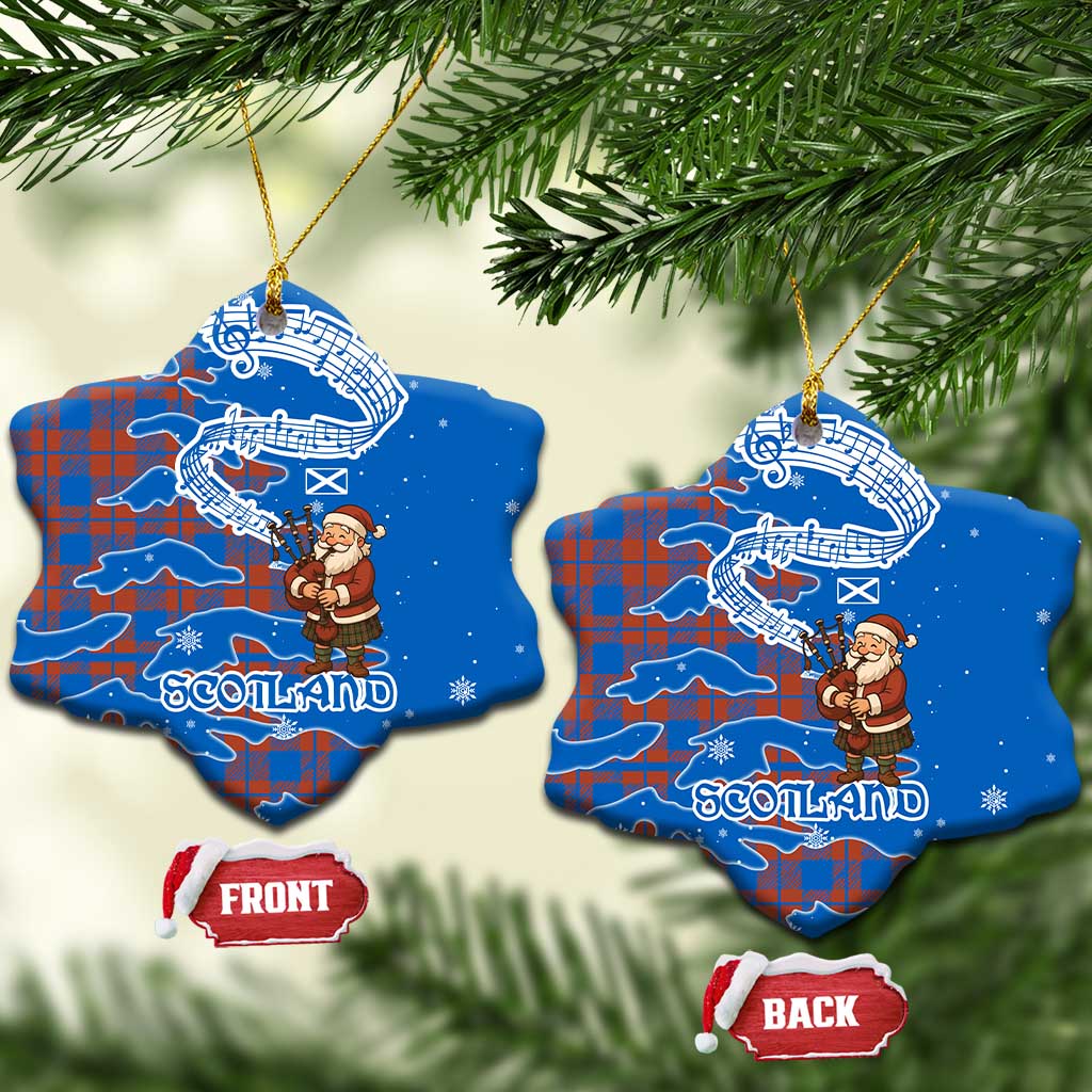 Scotland Christmas Ceramic Ornament with Santa Playing Bagpipes and Blue Red Tartan Music Notes TS04