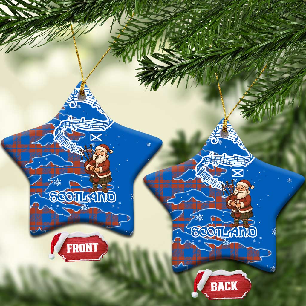 Scotland Christmas Ceramic Ornament with Santa Playing Bagpipes and Blue Red Tartan Music Notes TS04
