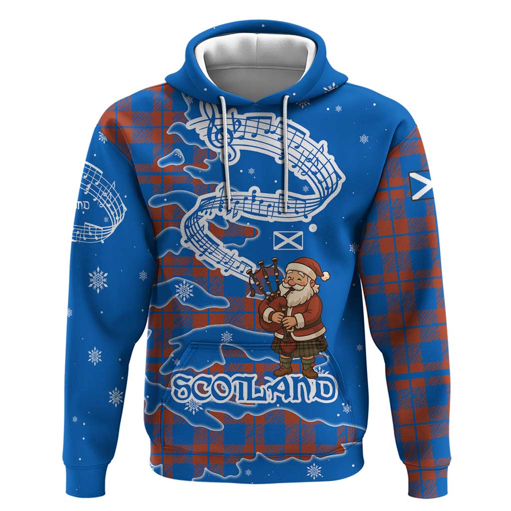 Scotland Christmas Hoodie with Santa Playing Bagpipes and Blue Red Tartan Music Notes TS04