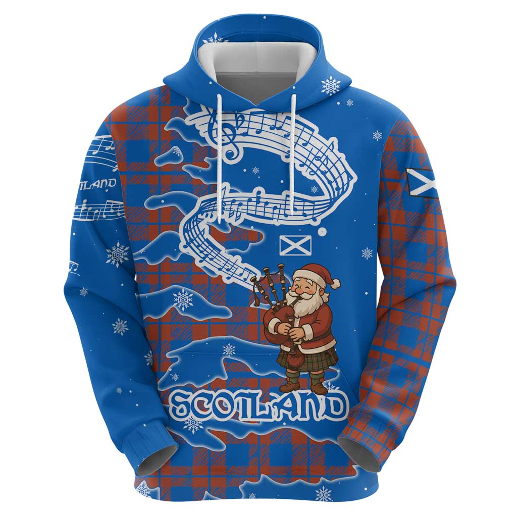 Scotland Christmas Hoodie with Santa Playing Bagpipes and Blue Red Tartan Music Notes TS04