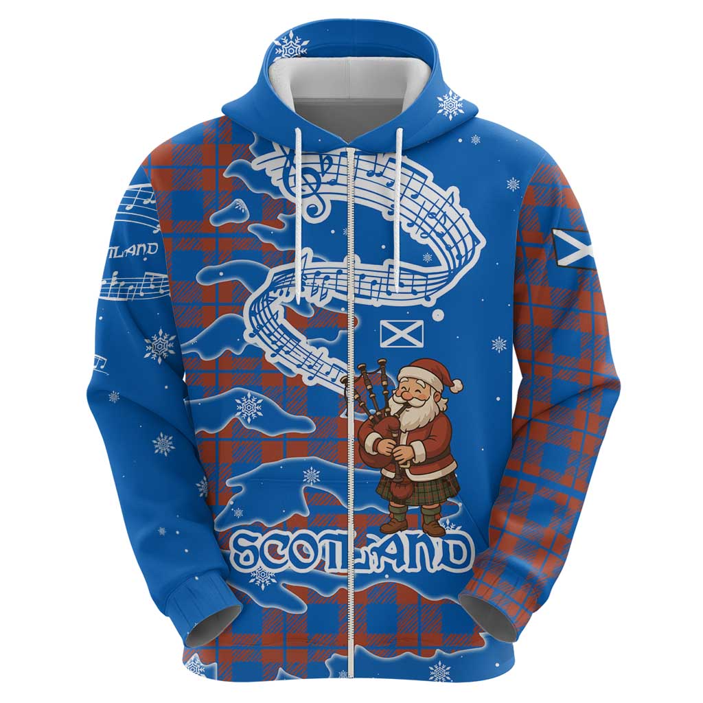 Scotland Christmas Hoodie with Santa Playing Bagpipes and Blue Red Tartan Music Notes TS04