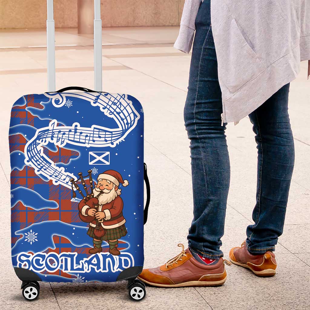 Scotland Christmas Luggage Cover with Santa Playing Bagpipes and Blue Red Tartan Music Notes TS04