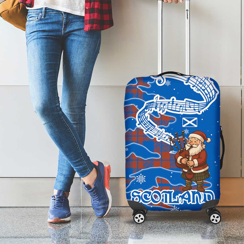 Scotland Christmas Luggage Cover with Santa Playing Bagpipes and Blue Red Tartan Music Notes TS04