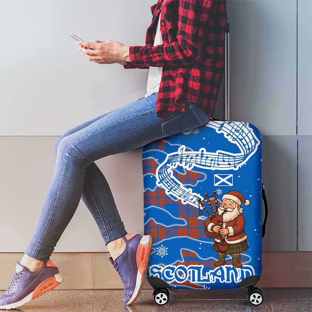 Scotland Christmas Luggage Cover with Santa Playing Bagpipes and Blue Red Tartan Music Notes TS04
