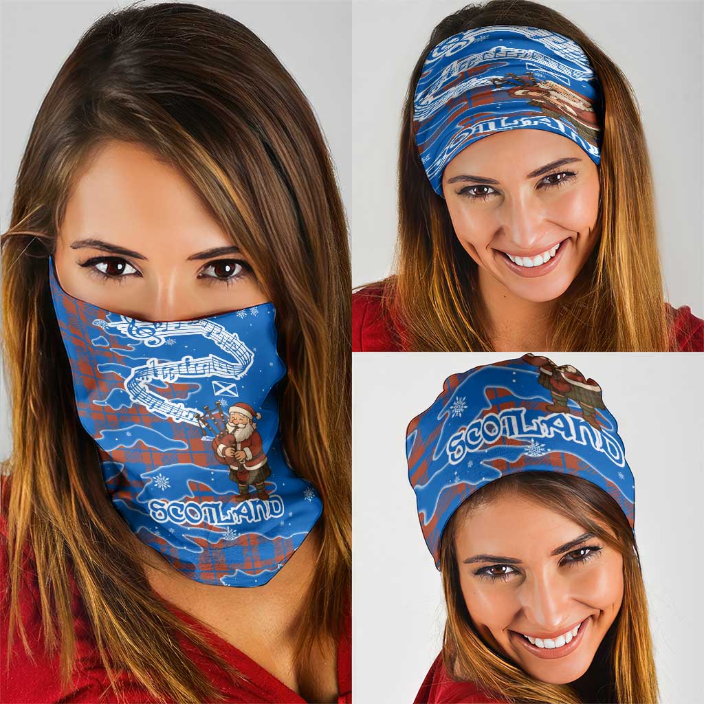 Scotland Christmas Neck Gaiter with Santa Playing Bagpipes and Blue Red Tartan Music Notes TS04